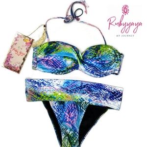 Ruby yaya NWT neon python U/W twist bandeau bikini top and bottom size small.